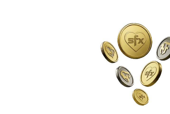 Gold and silver coins with a stylized shield emblem floating above a circular platform.